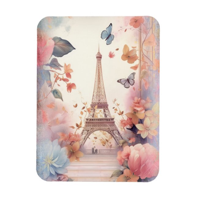 Eiffel Tower Butterflies and Flowers Magnet (Vertikal)