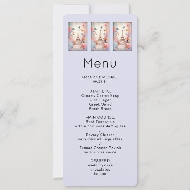  Eiffel Tower Butterflies and Flowers Menu Inbjudningar (Framsida)