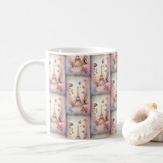 Eiffel Tower Butterflies and Flowers Pattern Kaffemugg (Med munk)