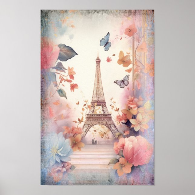 Eiffel Tower Butterflies and Flowers Poster (Framsidan)