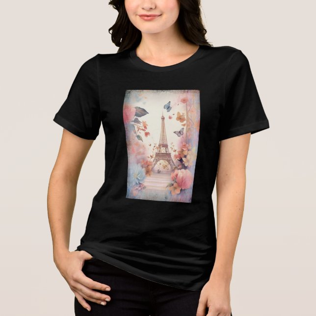 Eiffel Tower Butterflies and Flowers T Shirt (Framsida)