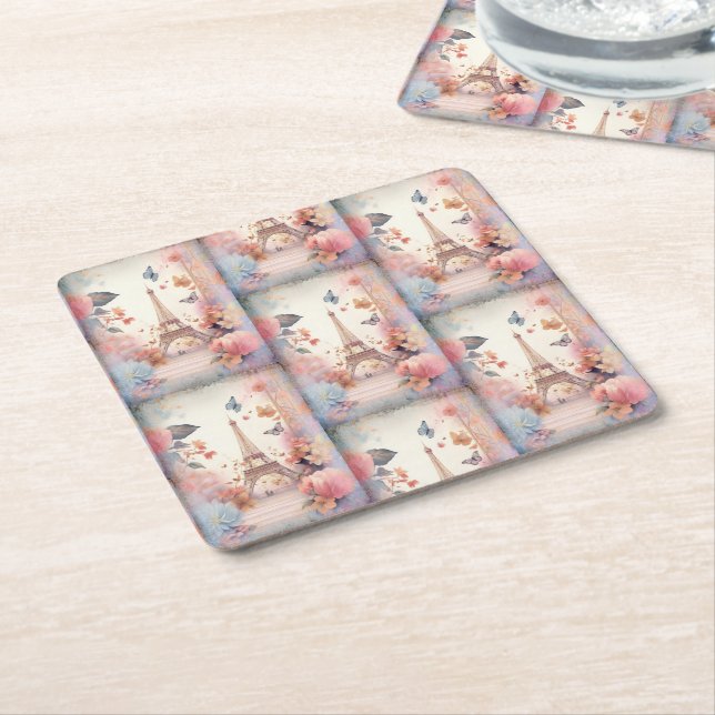 Eiffel Tower Butterflies and Flowers Underlägg Papper Kvadrat (Vinklad)