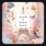 Eiffel Tower Butterflies and Flowers Wedding Fyrkantigt Klistermärke<br><div class="desc">Wedding stickers with a stylized Eiffel tower image surrounded by pretty butterflies and delicate garden flowers.</div>