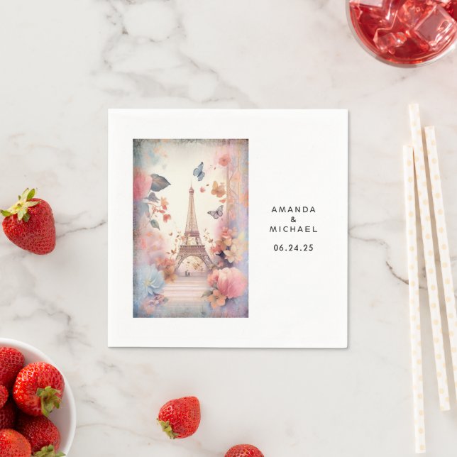 Eiffel Tower Butterflies and Flowers Wedding Pappersservett (Insitu)
