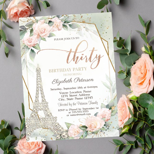 Eiffel Tower Diamanter Rosa Rosor 30-årsdag Inbjudningar (Skapare uppladdad)