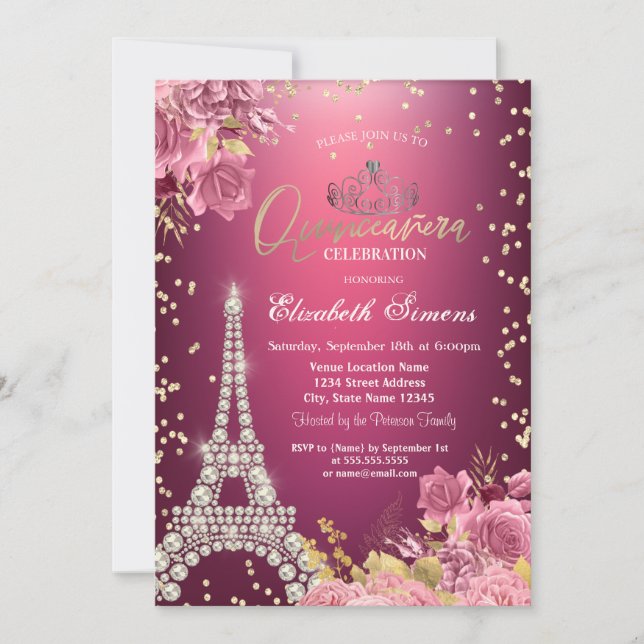 Eiffel Tower Diamonds Roses Red Quinceanera Inbjudningar (Framsida)