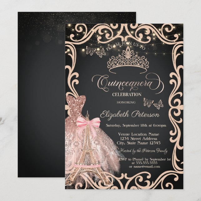 Eiffel Tower Frame Dress Glitter Butterfly  Inbjudningar (Fram/baksida)