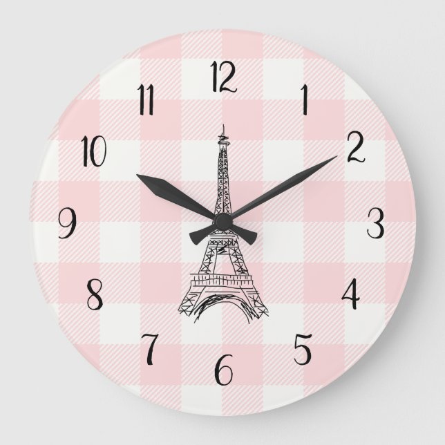 Eiffel Tower French Country Pink Gingham Pattern Stor Klocka (Framsida)