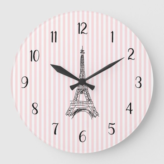 Eiffel Tower French Country Pink Stripe Stor Klocka (Framsida)