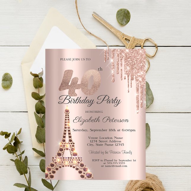 Eiffel Tower Glitter Drips Paris 40-årsdag  Inbjudningar (Skapare uppladdad)