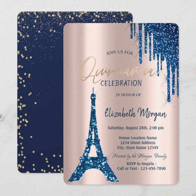 Eiffel Tower Konfetti Dropp Navyblå Quinceañera Inbjudningar (Fram/baksida)