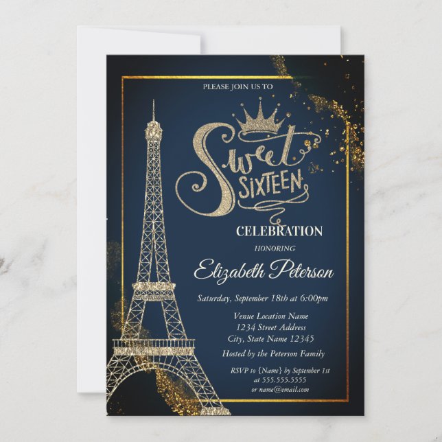 Eiffel Tower Navy Gold Blue Sweet 16 Inbjudningar (Framsida)