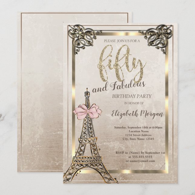 Eiffel Tower,Pink Bow Border 50th Birthday Party  Inbjudningar (Fram/baksida)