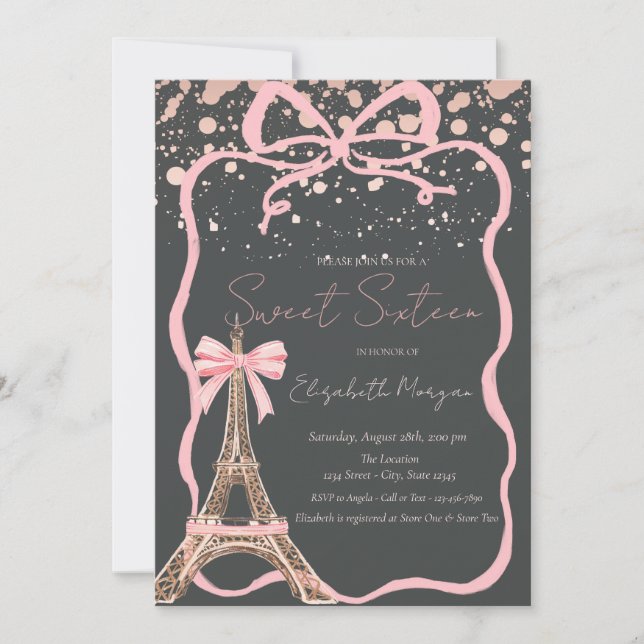Eiffel Tower Pink Bow Dots Gray Sweet 16 Inbjudningar (Framsida)
