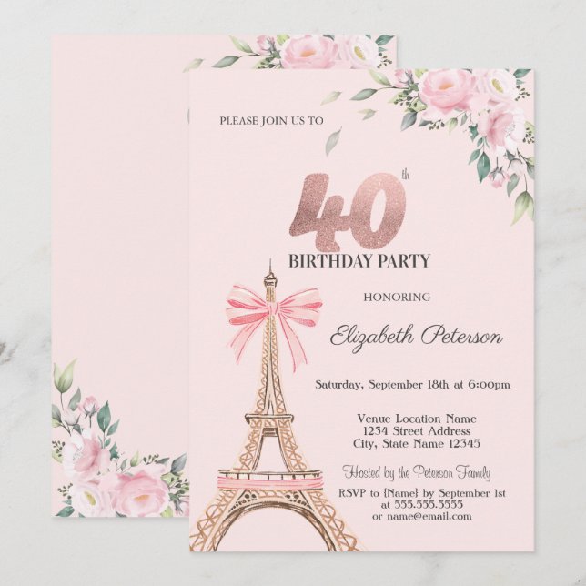 Eiffel Tower Pink Bow Flowers 40th Birthday Inbjudningar (Fram/baksida)