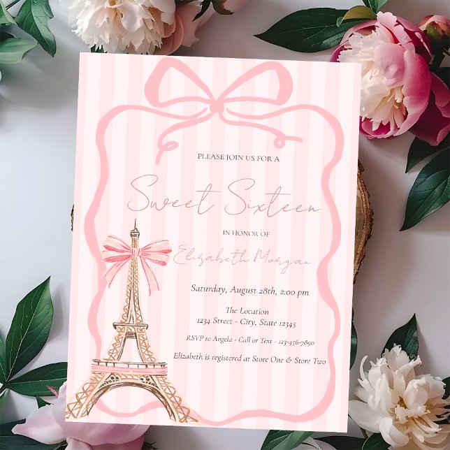 Eiffel Tower Pink Bow Pink Stripes Sweet 16 Inbjudningar (Skapare uppladdad)