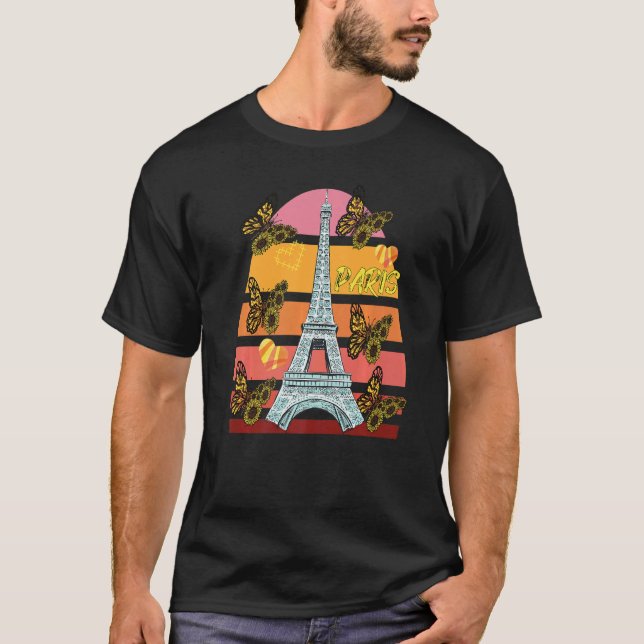 Eiffel Tower Retro Butterfly Paris Hearts France L T Shirt (Framsida)