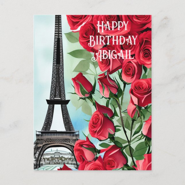 Eiffel Tower Romantiska Röda Rosor Grattis på föde Vykort (Framsida)