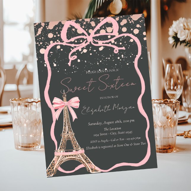 Eiffel Tower Rosa band prickar Grå Sweet 16 Inbjudningar (Skapare uppladdad)