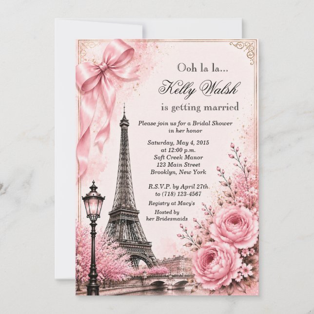 Eiffel Tower Rosa Paris Bröllopsfest Inbjudan (Framsida)