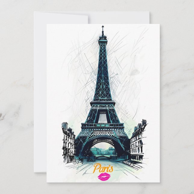 Eiffel Tower Sketch Print, Line Drawing, Paris Inbjudningar (Framsida)
