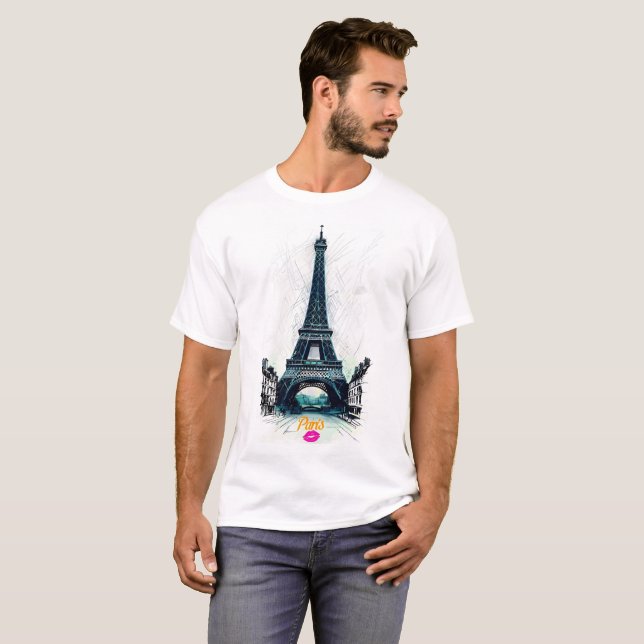 Eiffel Tower Sketch Print, Line Drawing, Paris T Shirt (Hel framsida)