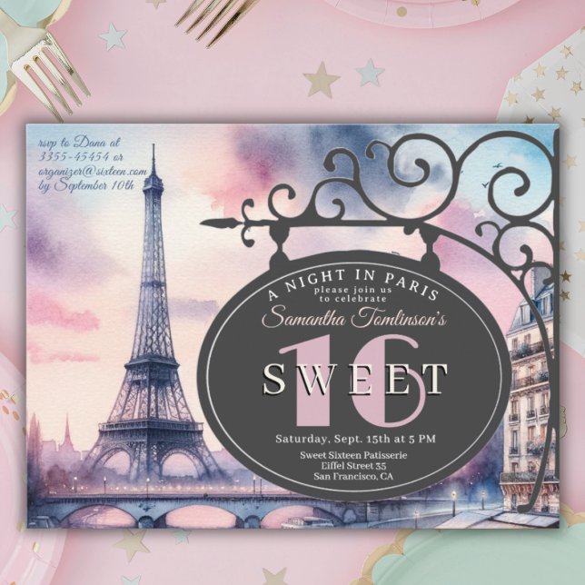 Eiffel Tower Sweet 16 Birthday Invitation Postcard Vykort (Sweet 16, Paris themed invitation
)