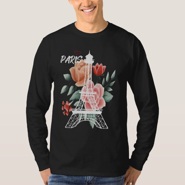 Eiffel Tower with Rose Love Paris France Souvenir  T Shirt (Framsida)