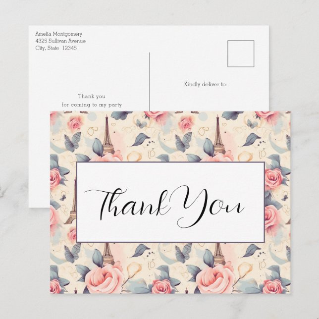 Eiffeltorn Fjäril och Rosor Mönster Tack Vykort (Fram/baksida)