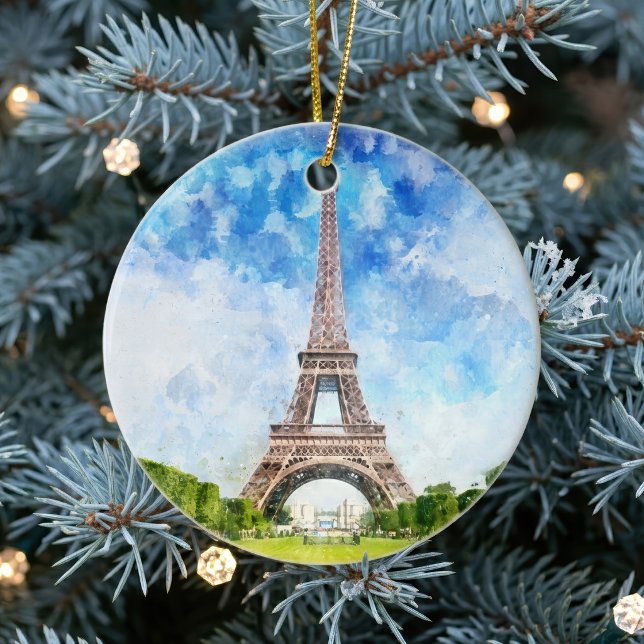 Eiffeltornet Akvarell Paris Siluett Konsttryck Julgransprydnad Keramik (Eiffel Tower Watercolor Paris Skyline Art Print. Ceramic Ornament)