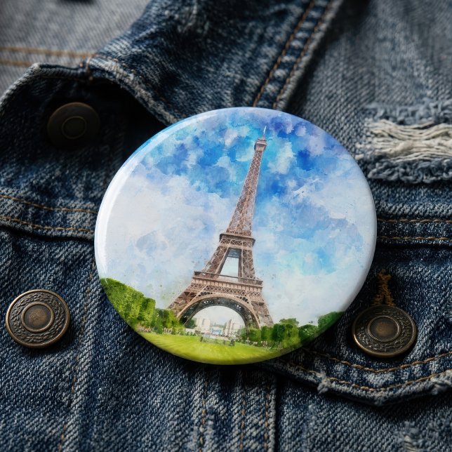 Eiffeltornet Akvarell Paris Siluett Konsttryck Knapp (Eiffel Tower Watercolor Paris Skyline Art Print. Button)