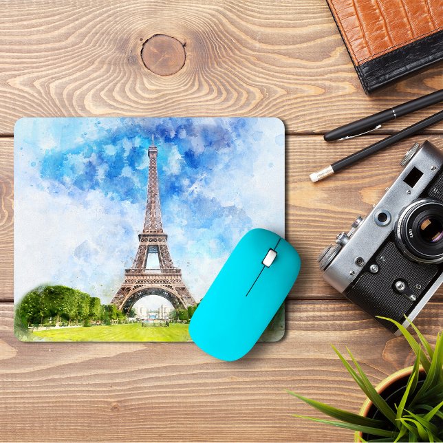 Eiffeltornet Akvarell Paris Siluett Konsttryck Musmatta (Eiffel Tower Watercolor Paris Skyline Art Print. Mouse Pad)