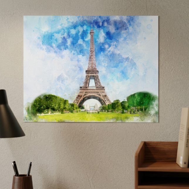 Eiffeltornet Akvarell Paris Siluett Konsttryck Poster (Eiffel Tower Watercolor Paris Skyline Art Print. Poster)