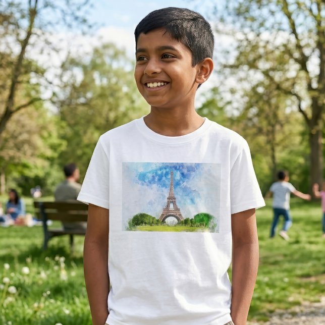 Eiffeltornet Akvarell Paris Siluett Konsttryck T Shirt (Eiffel Tower Watercolor Paris Skyline Art Print. Boy Basic White T-Shirt)