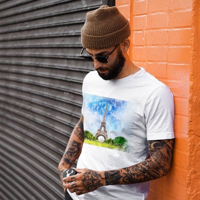 Eiffeltornet Akvarell Paris Siluett Konsttryck T Shirt (Eiffel Tower Watercolor Paris Skyline Art Print. Men Basic White T-Shirt)
