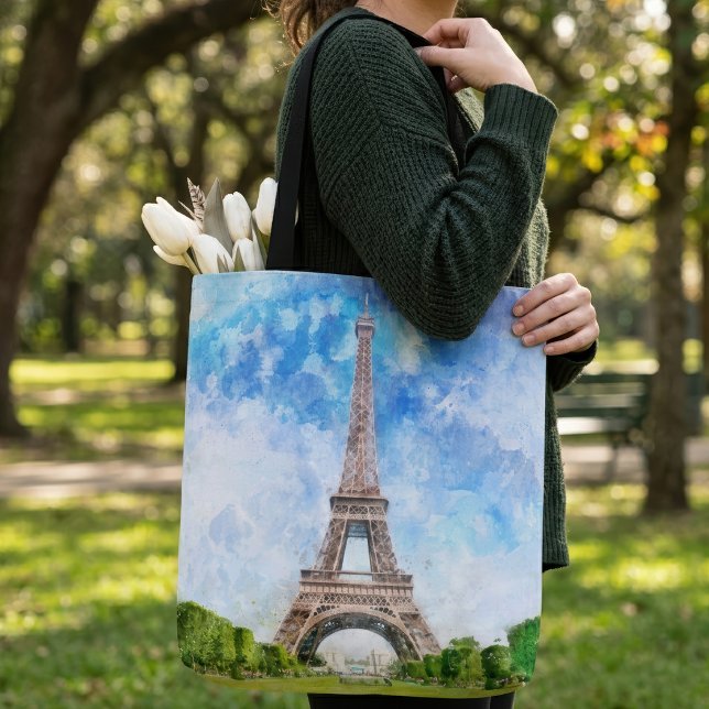 Eiffeltornet Akvarell Paris Stadssiluett Konsttryc Tygkasse (Eiffel Tower Watercolor Paris Skyline Art Print. Tote Bag)