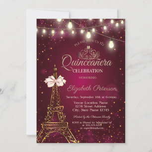 Eiffeltornet, Bow, Tiara Ljuskastar Röd Quinceañer Inbjudningar