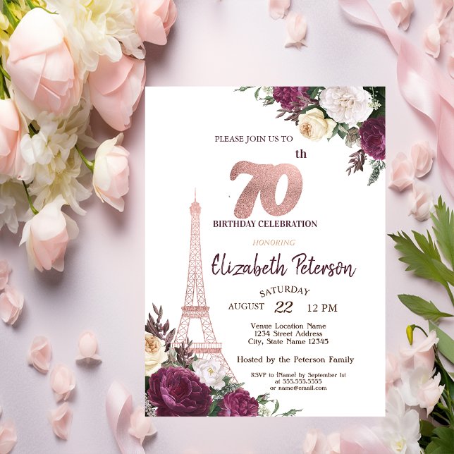 Eiffeltornet Burgunder Blommor 70-årsdag Inbjudningar (Skapare uppladdad)