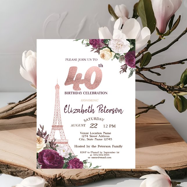 Eiffeltornet Burgundiska Blommor 40-årsdag Inbjudningar (Skapare uppladdad)