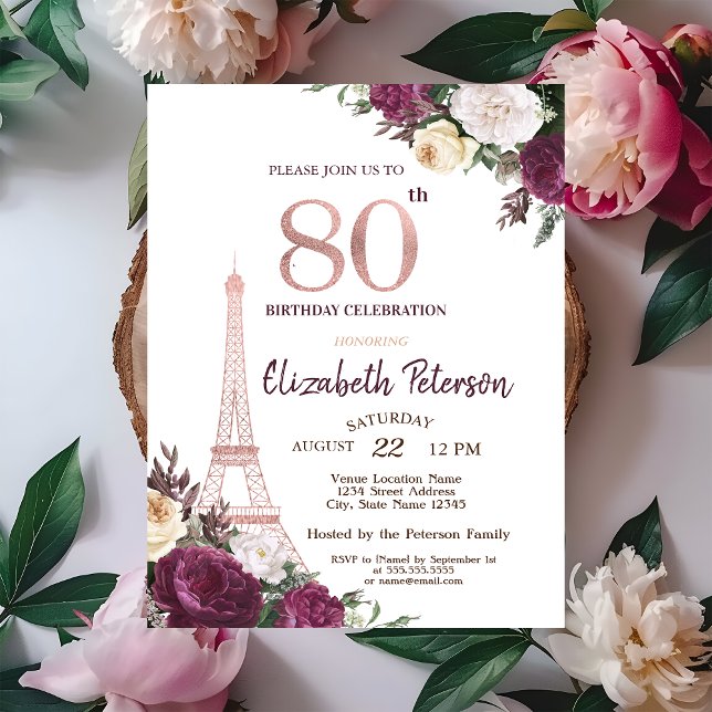 Eiffeltornet Burgundiska Blommor 80-årsdag Inbjudningar (Skapare uppladdad)