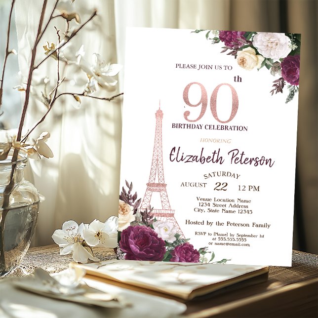Eiffeltornet Burgundy Blommor 90-årsdag Inbjudningar (Skapare uppladdad)
