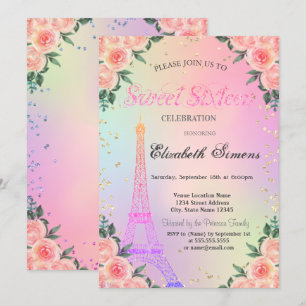 Eiffeltornet Diamanter Rosor Holografisk Sweet 16 Inbjudningar