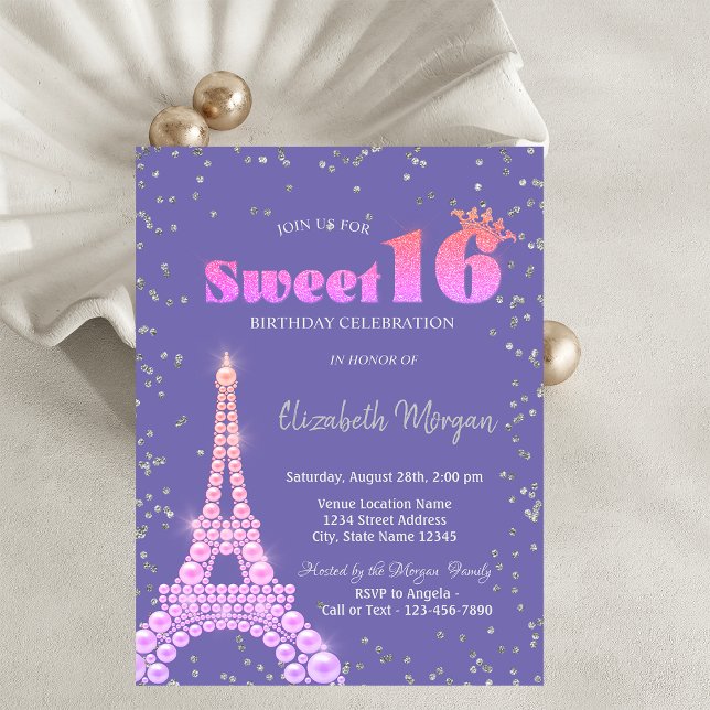 Eiffeltornet Diamanter Violett Sweet 16 Inbjudningar (Skapare uppladdad)
