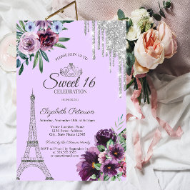 Eiffeltornet, droppar, lila blommor Sweet 16 Inbjudningar