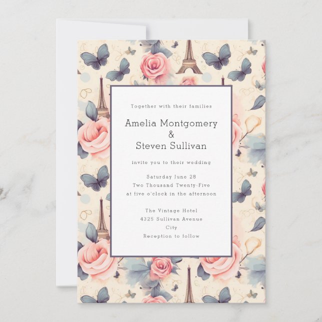 Eiffeltornet Fjäril och Rosor Mönster Bröllop Inbjudningar (Framsida)