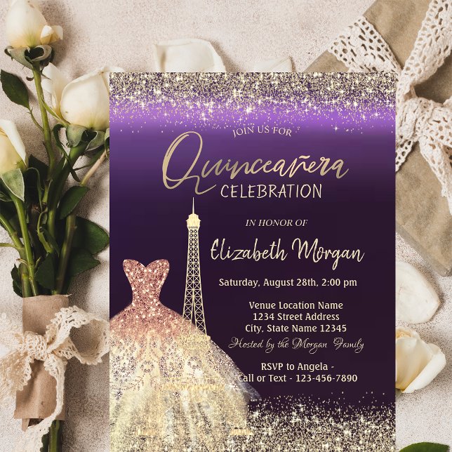 Eiffeltornet Konfetti Klänning Lila Quinceanera Inbjudningar (Skapare uppladdad)