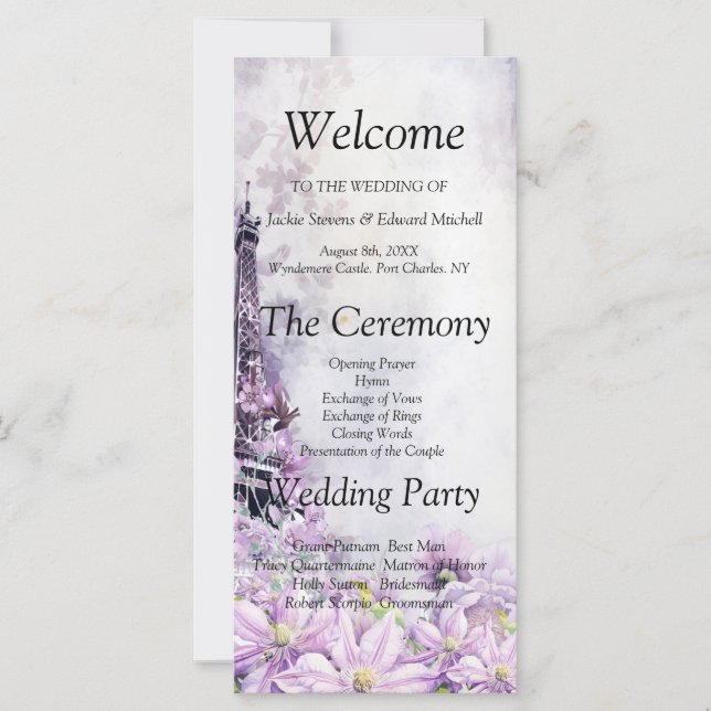 Eiffeltornet Lavendel Romantik Bröllopsprogram (Framsida)