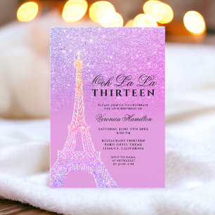 Eiffeltornet lila glitter rosa chic tretton inbjudningar