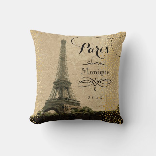 Eiffeltornet Paris Beige Falskt Guld Monogram Namn Kudde (Framsida)