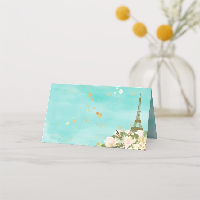 Eiffeltornet Paris Födelsedag Mint Aqua Guld Placeringskort (Framsida)
